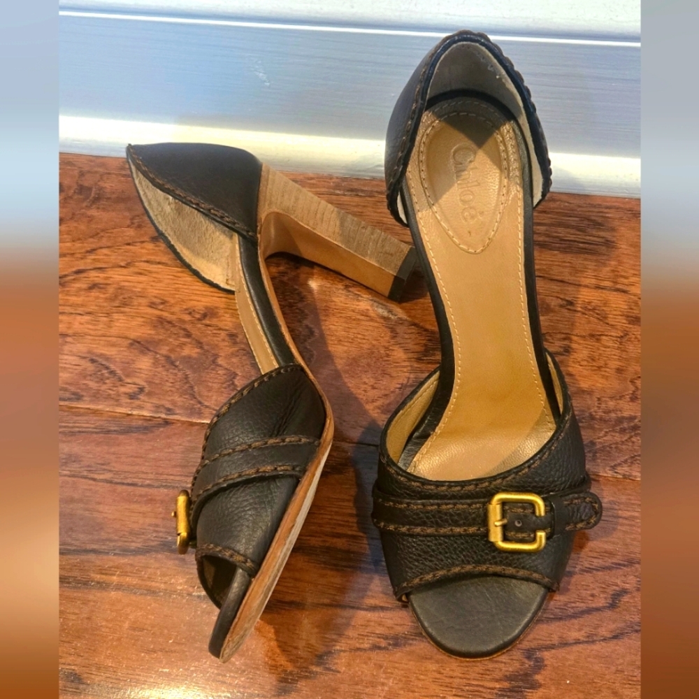 Chloe Leather Buckle Front Slip on Block Heel Pumps Size 37 US 7